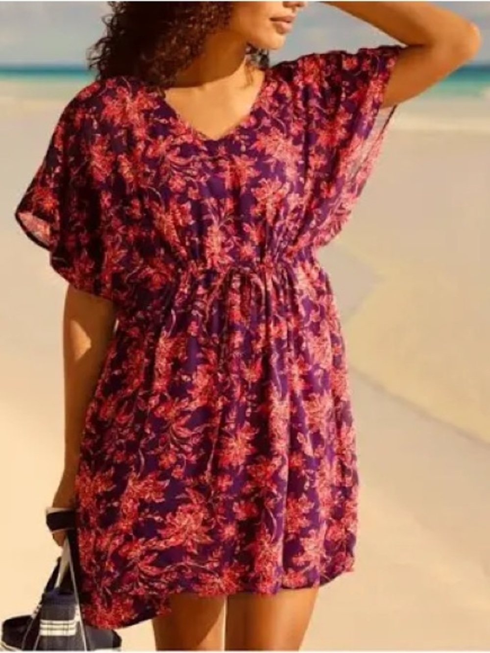 Size XS-S Land’s End Floral V-Neck Short Sleeve Tie-Waist 100% Modal Dress